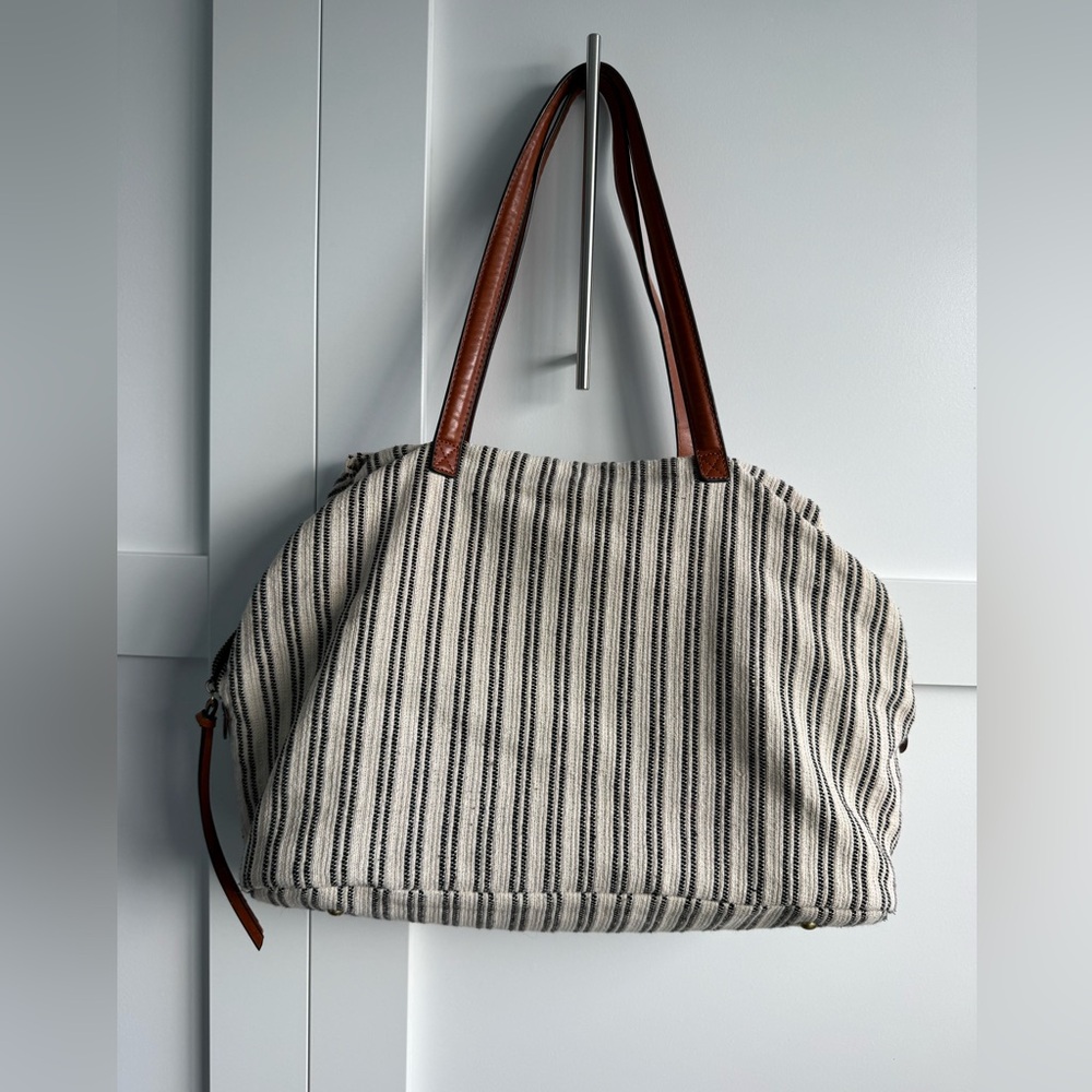 Street Level Striped Tote Bag with Brown Handles - Picture 2 of 5